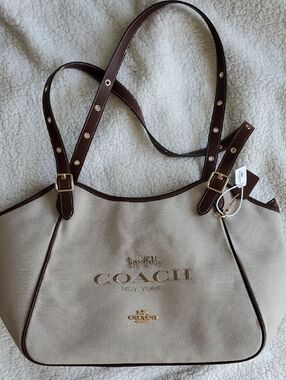 Coach Beige Canvas Tote with Brown  Trim and Gold Hardware